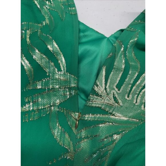 Lilly Pulitzer Green Gold Metallic Silk Long‎ Sleeve Swing Dress Size 14 Festive - Picture 4 of 14